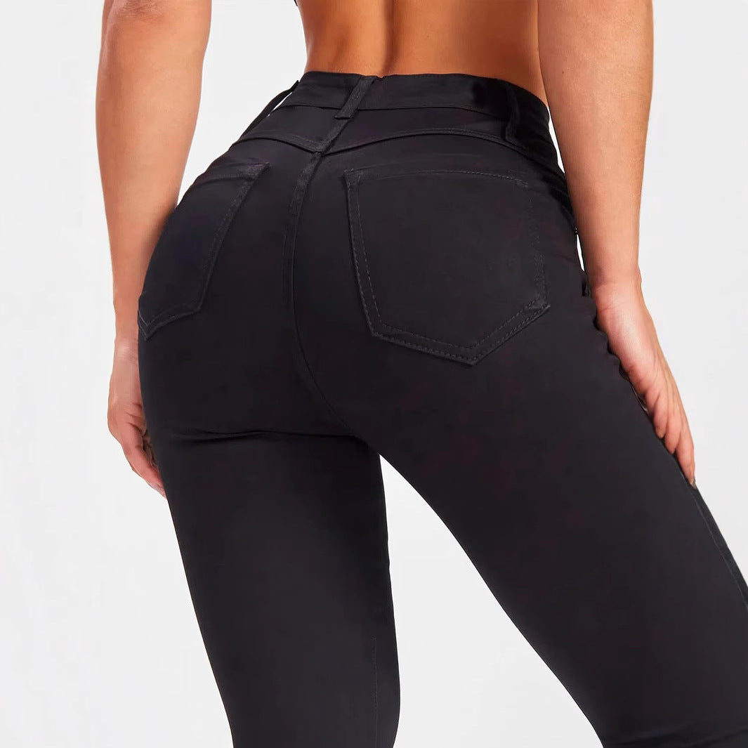 Mid Waist Slim Fit Stretch Black Skinny Tappered Pants Jeans Stretch